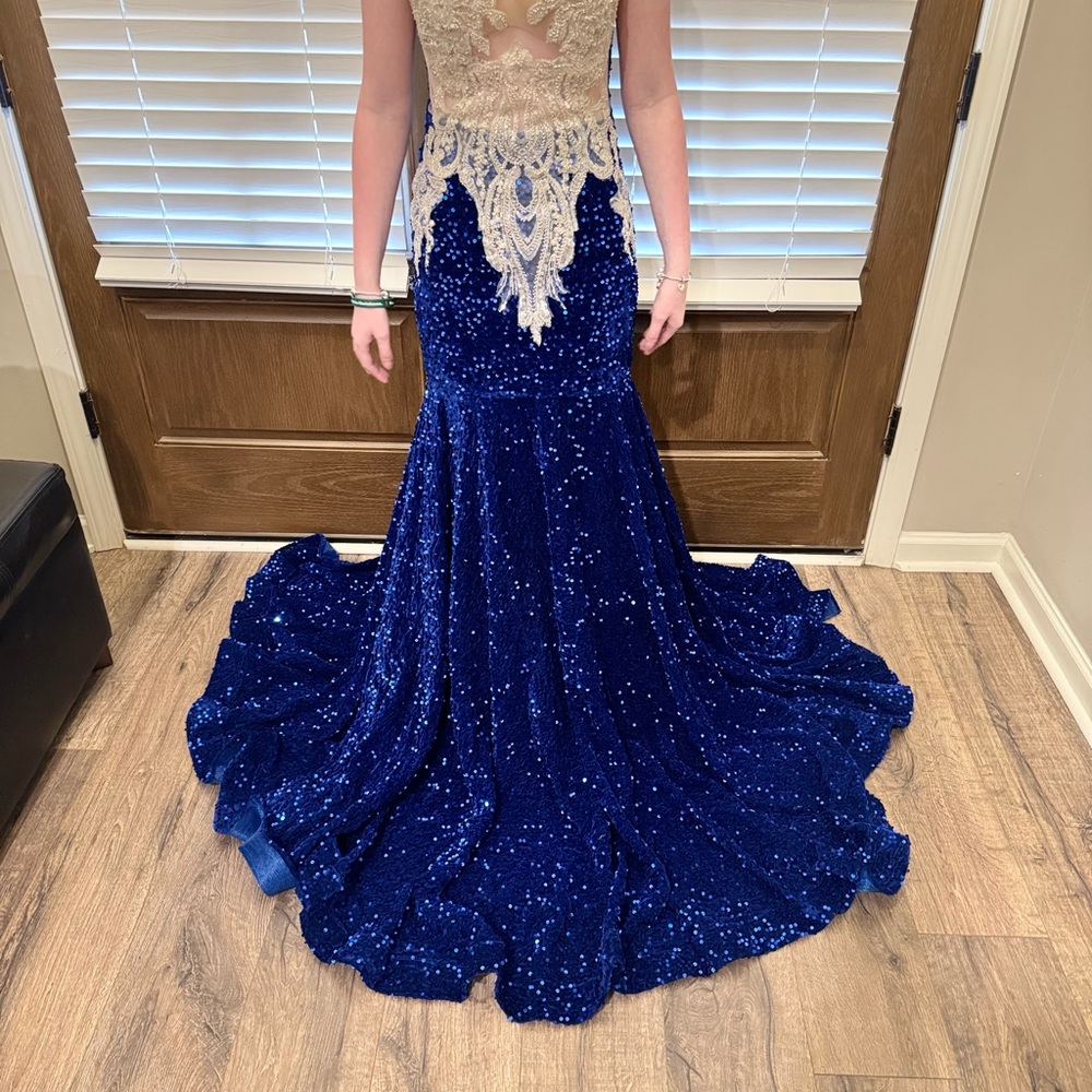 Stunning Blue Sequin Gown with Lace Detail